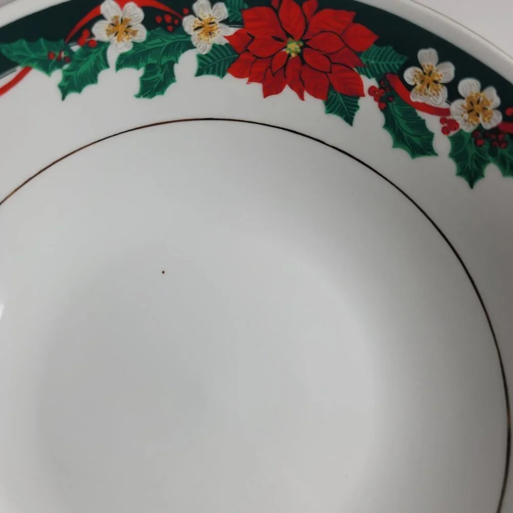 Tienshan Deck the Halls Serving Bowl Poinsettias & Ribbons Christmas China